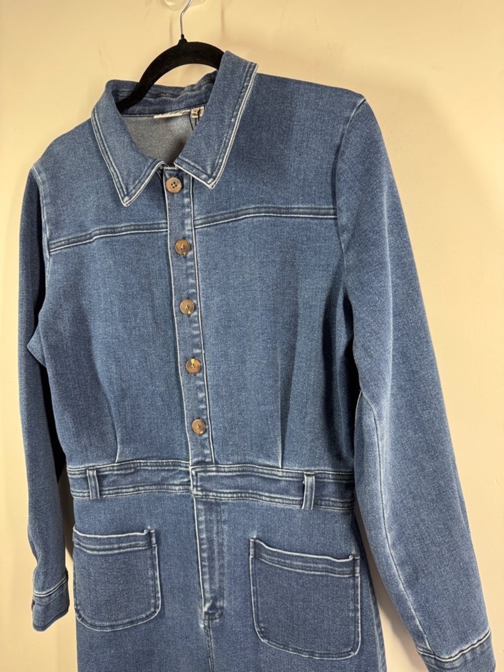 ICHI Denim Jumpsuit Blue Size 36 Wide Leg Button Front Utility Chic Casual - Picture 9 of 15